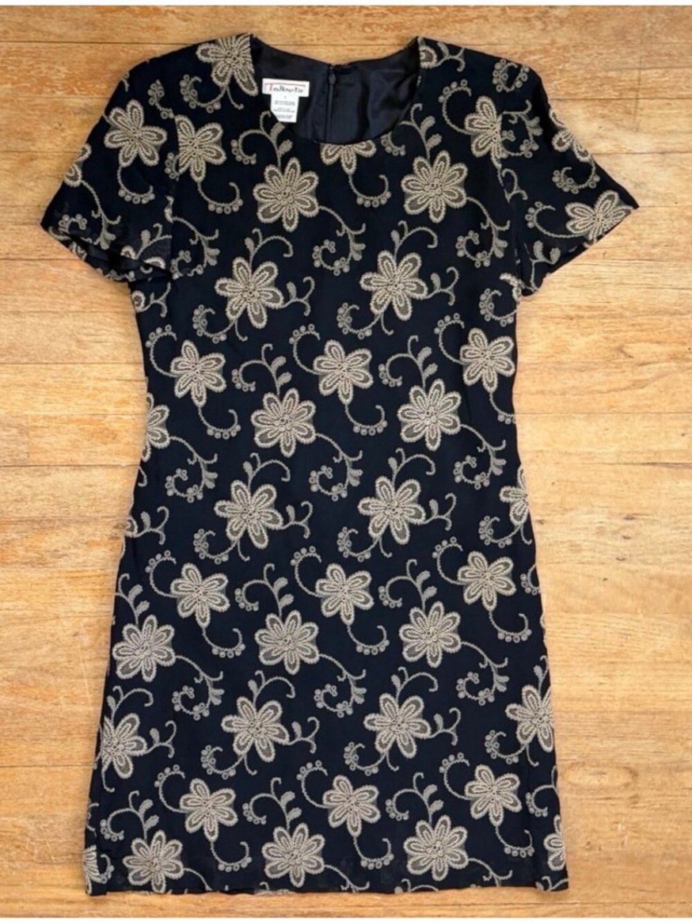 Vintage Floral Jacquard Dress Size Small 90s Black/Beige Crepe Sheath Sundress
